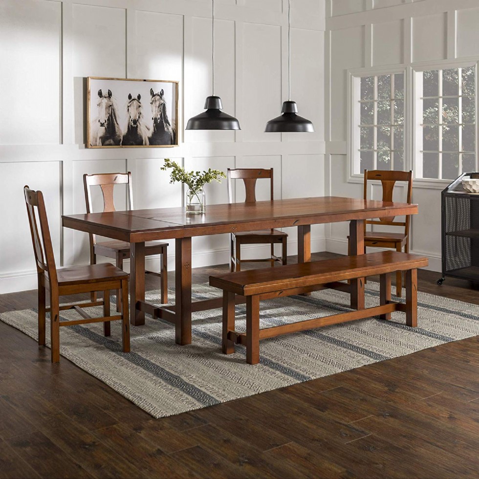 Rustic Farmhouse Rectangle Wood Dining Room Table Set with Leaf Extension, Brown Oak