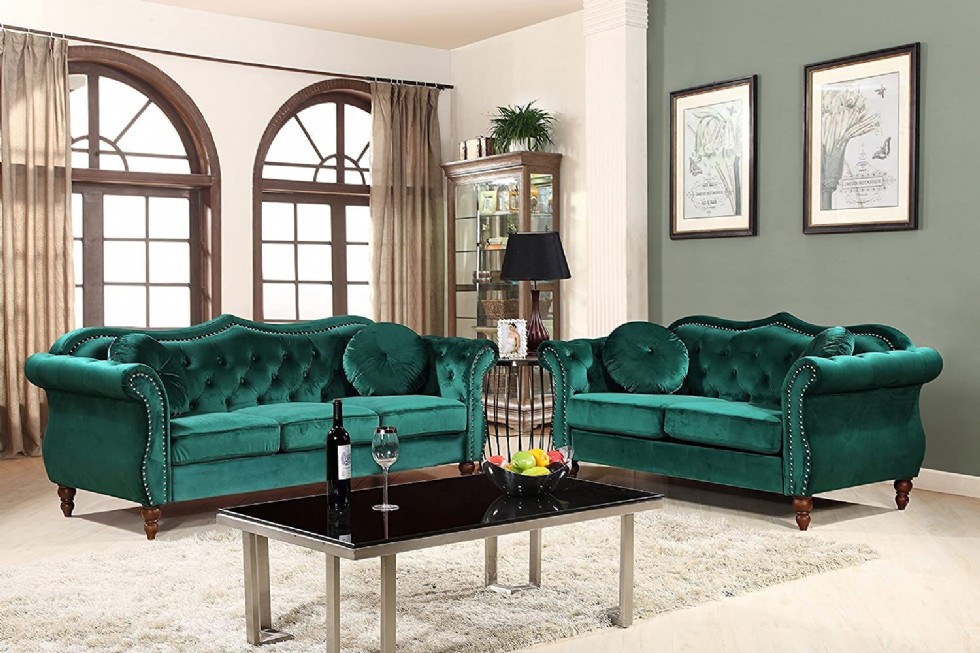 Velvet Upholstered Classic Nailhead Chesterfield Living Room, 2 Piece Set, Pine Green