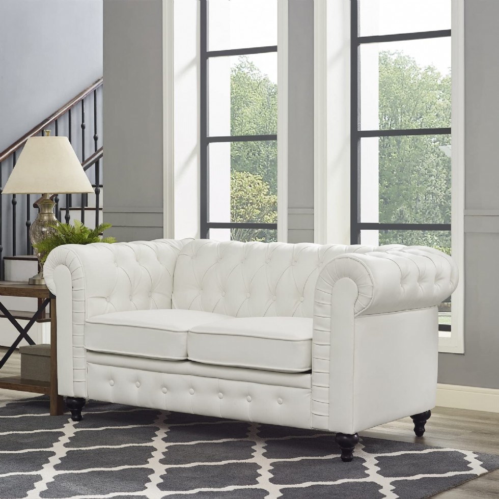 White Leather Chesterfield Loveseat with Rolled Arms