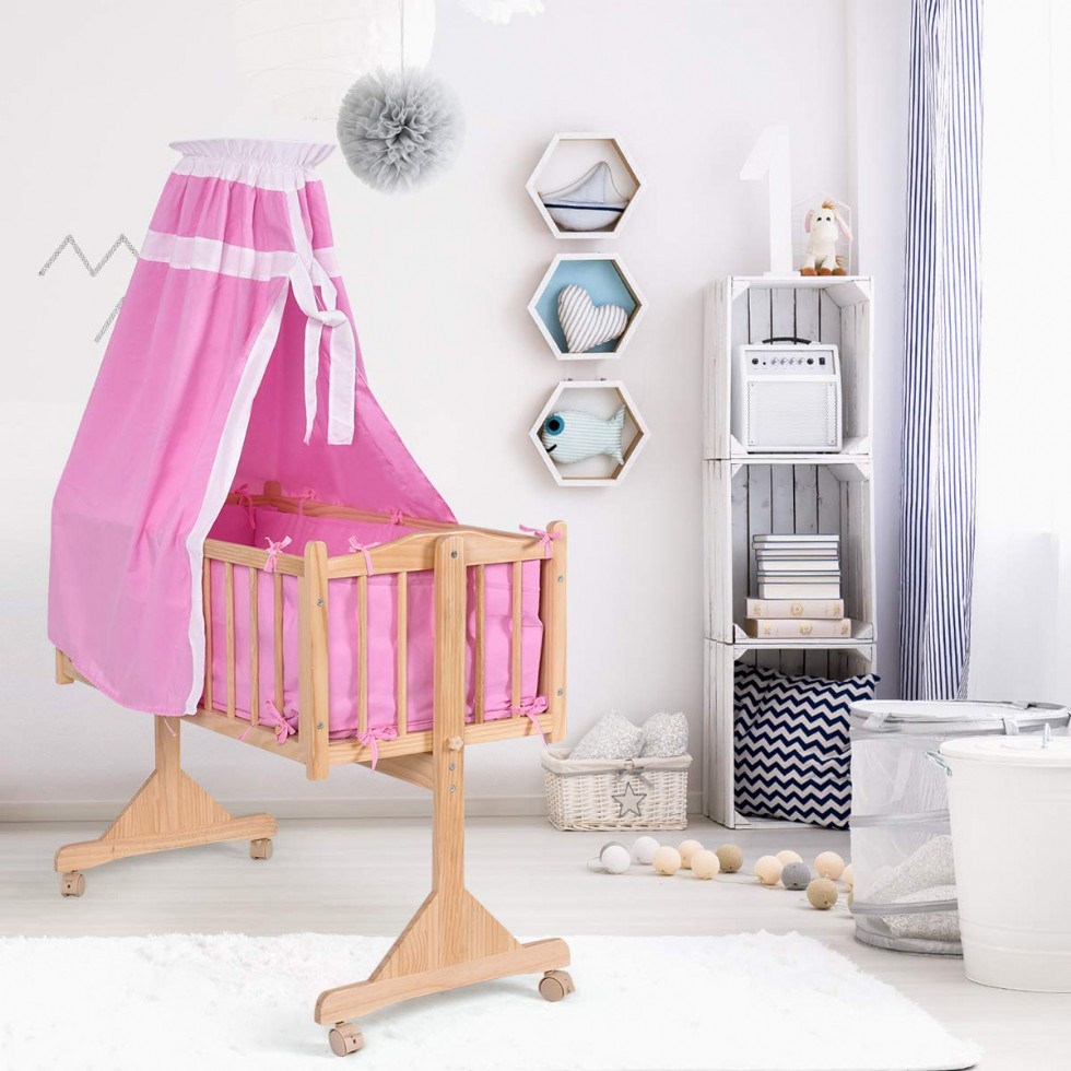 Wood Baby Cradle Rocking Crib Bassinet Bed Sleeper Portable Nursery (Pink)