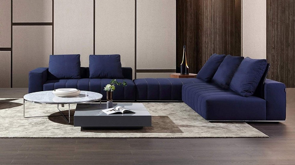 Zuri Furniture Modern Kiesler Midnight Blue Fabric Modular L Sectional Sofa with Left Arm