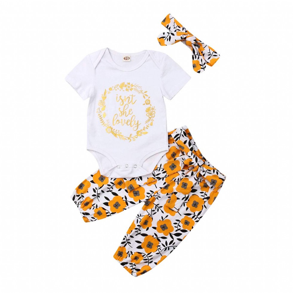 3Pcs Newborn Baby Girls Sunflower Outfits Short Sleeve Letter Printed Bodysuit Tops+Floral Pants with Headband Clothes Set