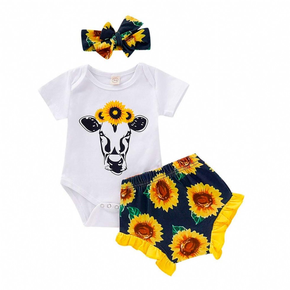 Newborn Baby Girl Clothes Mitiy Sunflower Romper + Floral Short Pants with Headband 3Pcs Summer Outfit Set