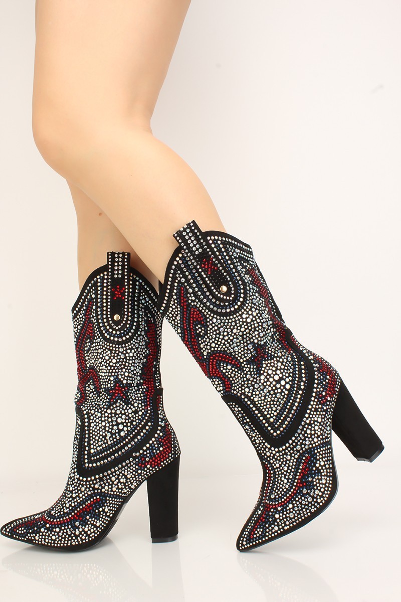 Black Colorful Rhinestone Chunky Heel Cowgirl Boots