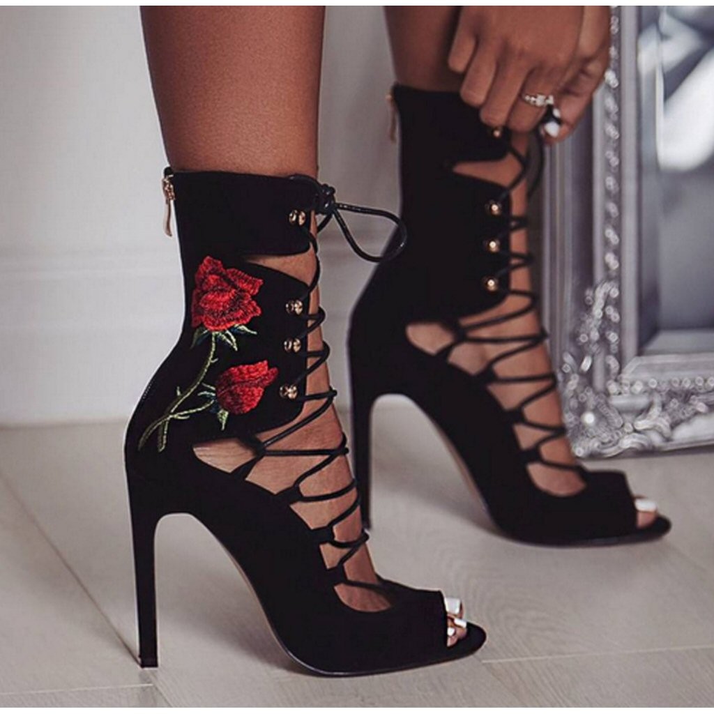 Black High Heel Cadge Stilleto Peep Toe Rose Sandals