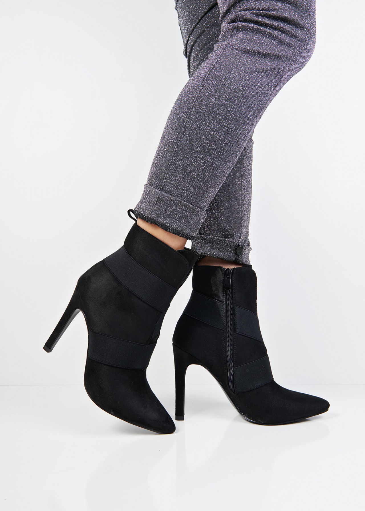Black pointed high heel ankle boots for women