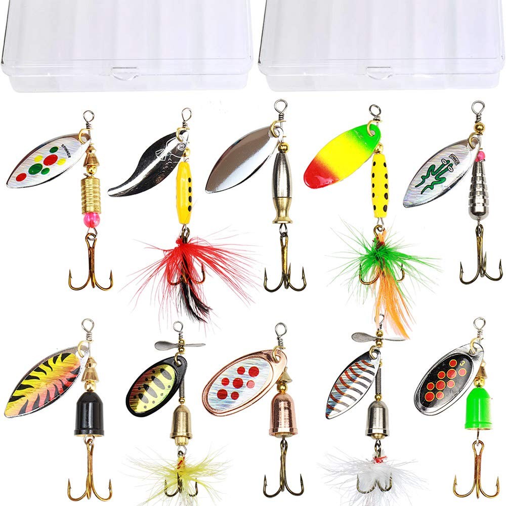 10pcs Fishing Lure Spinnerbait,Bass Trout Salmon Hard Metal Spinner Baits Kit with 2 Tackle Boxes by