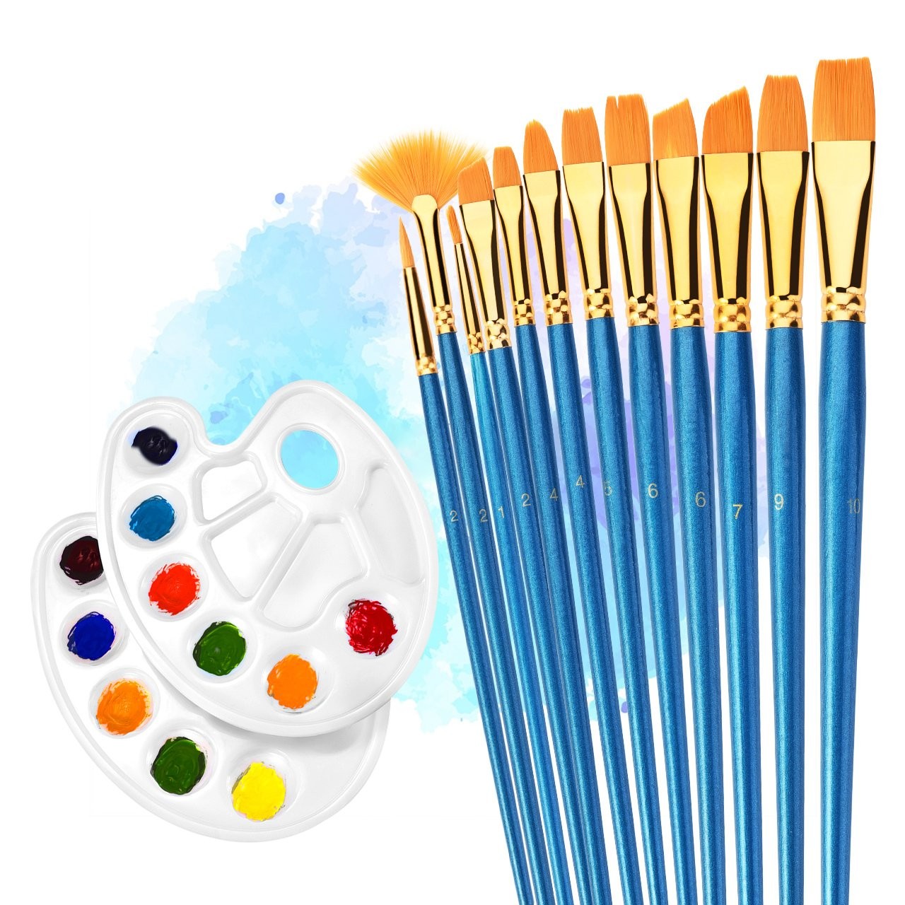 12 Pieces Paint Brushes, Painting Brush Set with 2 Palettes for Watercolor, Acrylic & Oil Pai