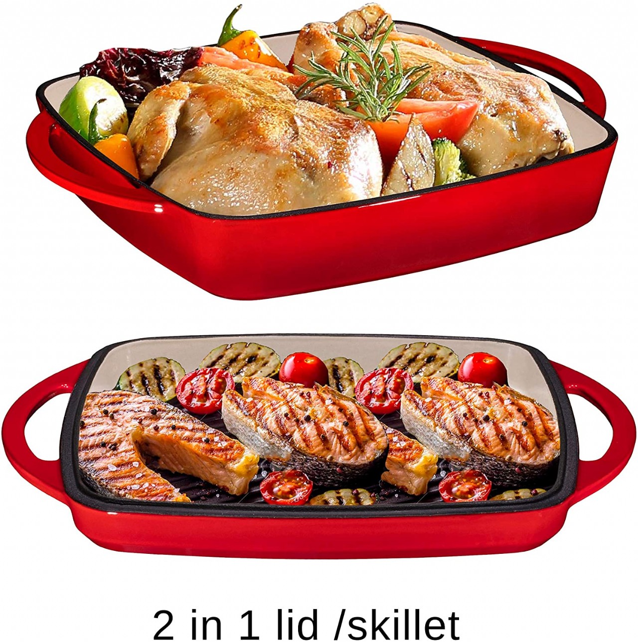 2 in 1 Enameled Cast Iron 11 Inch Square Casserole Baking Pan With Griddle Lid 2 in 1 Multi Baker