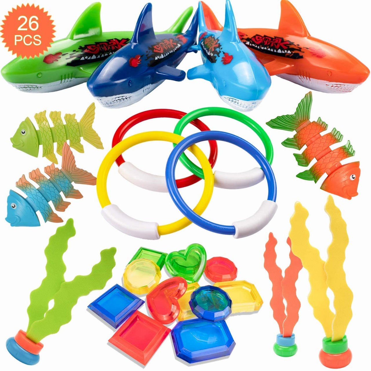 26 Pack Diving Toy for Pool Use Underwater Swimming/Diving Pool Toy Rings, Toypedo Bandits,Stringy