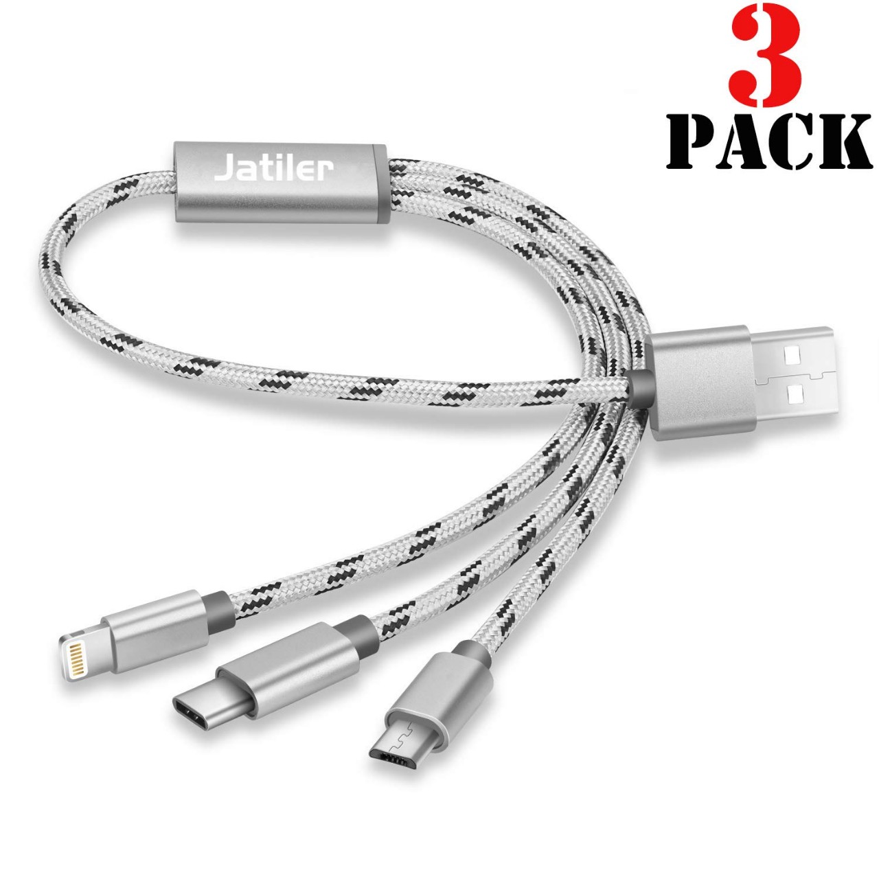 3Pack Multi USB Cable, 1ft Multi Charger Cable Premium Short Multi Charging Cable Nylon Braided 3 in
