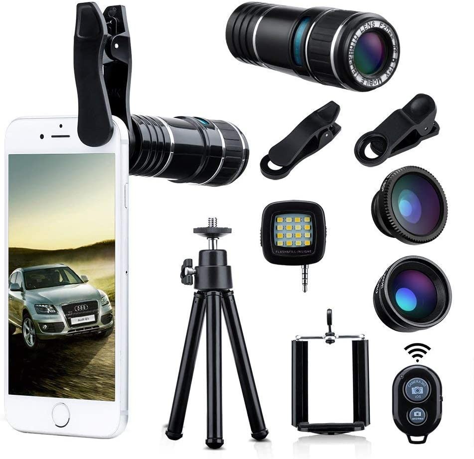 4 in 1 Cell Phone Lens Kits Telephoto Lens Fisheye Lens Wide Angle Lens Micro Lens with Tripod