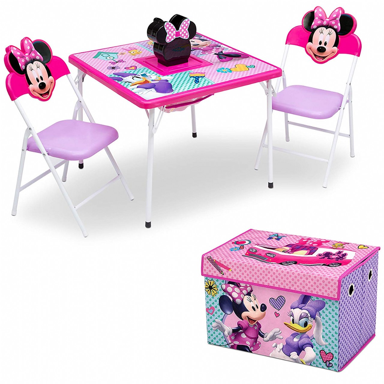4-Piece Kids Furniture Set (2 Chairs and Table Set & Fabric Toy Box), Disney Minnie Mouse