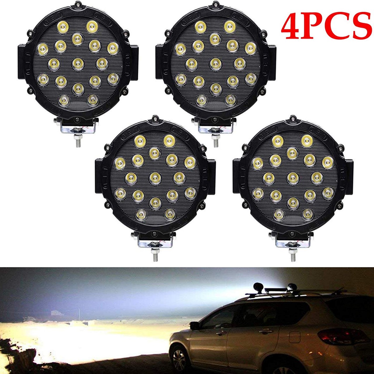 4pack 7 inch 51W Round LED Off Road Lights Waterproof Driving Offroad Foglight for Jeep Boat Truck