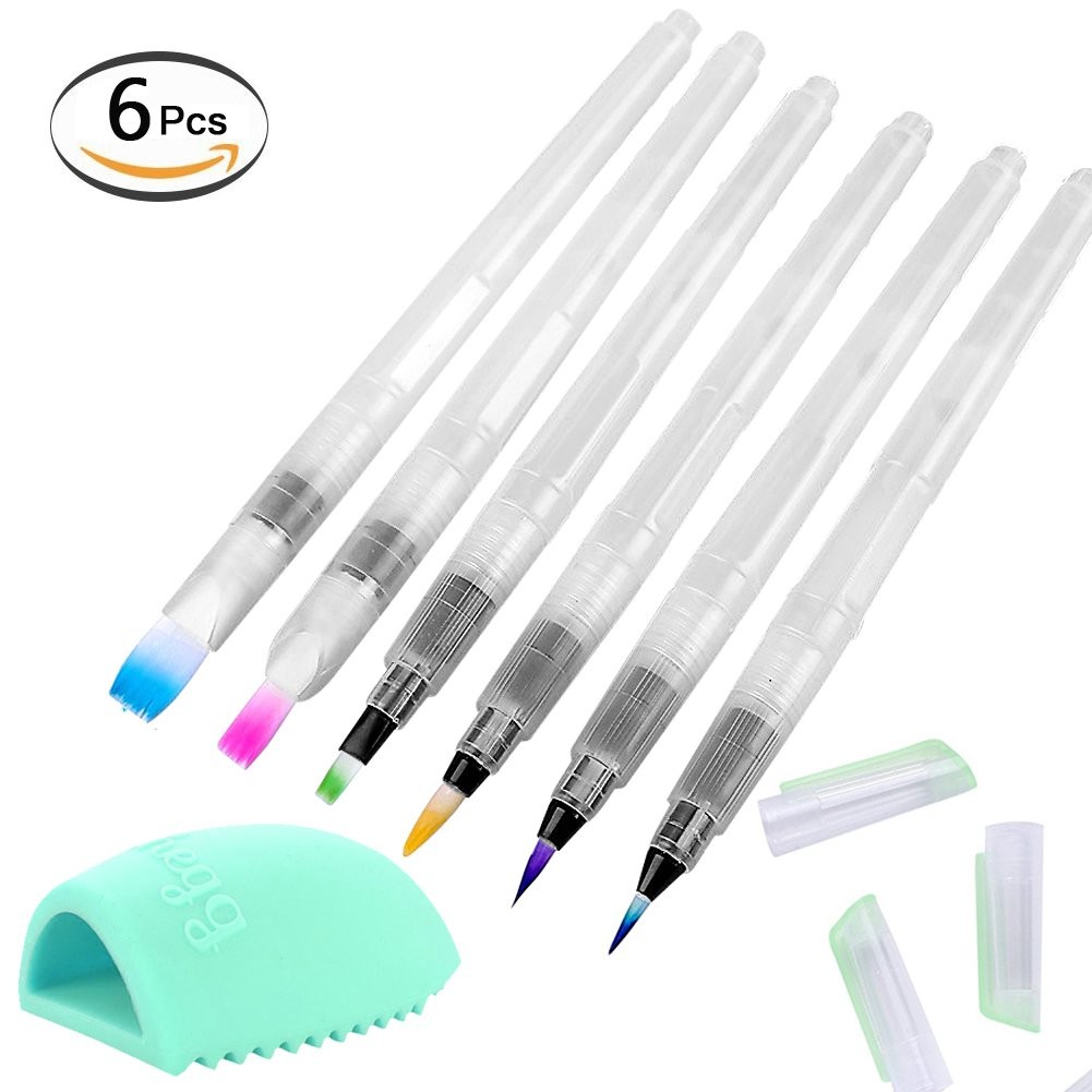 6 Pcs Water Coloring Brush Pens with Cleaning Makeup Brush Egg,Brush Tips for Watercolor Painting Wa
