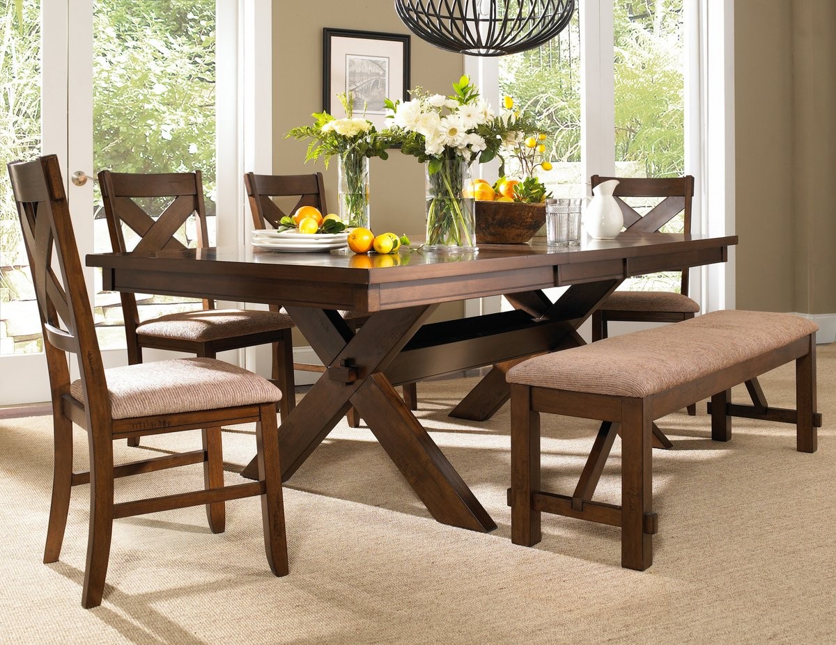 6-Piece Solid Wood Dining Set with Table, 4 Chairs and Bench Solid wood with beautiful dark hazelnut
