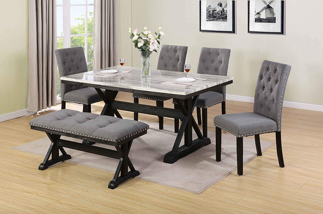6PC Dining Set 1 Table 4 Chairs 1 Bench Gray Faux Marble Table Top