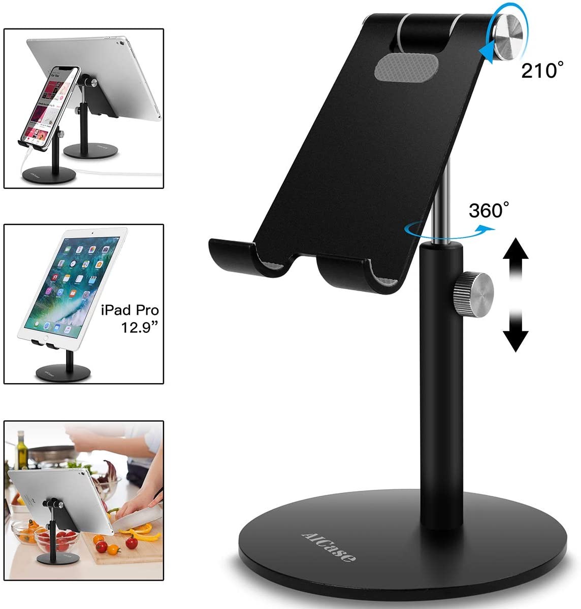 Aluminum Alloy Phone Stand Charging Mobile Dock BONUSIS Portable Cell Phone Stand Desktop Cellular Phone Mount Holder Compatible with iPhone Android Smart Phone and Other Cell Phones Black