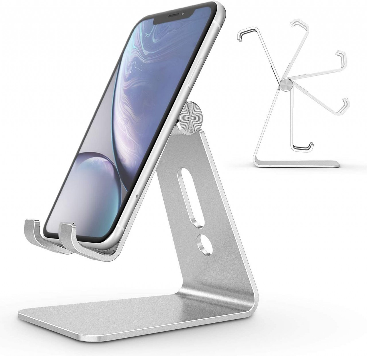 Aluminum Desktop Cellphone Stand with Anti-Slip Base and Convenient Charging Port, Fits All Phone
