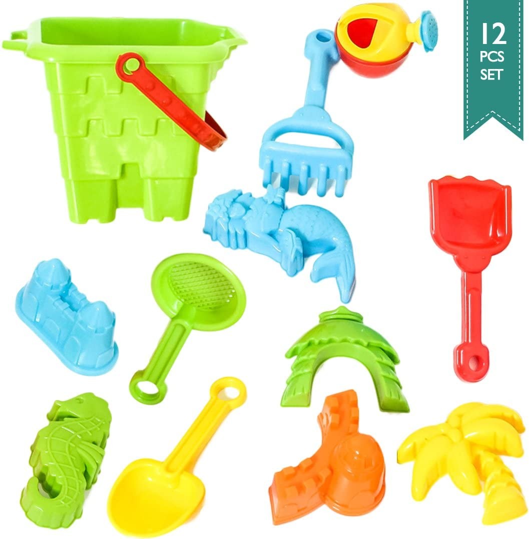 Baby-Beach-Toys: Big Sand Bucket 12-Pcs Molds & Tools for Water Tables, Beach, Sand Boxes, Bath Tub
