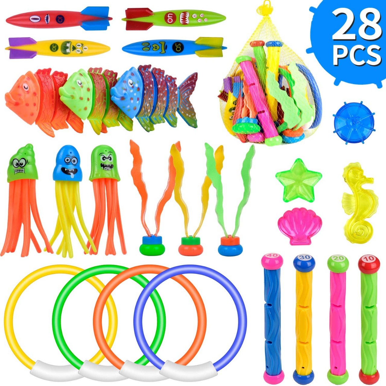 balnore Diving Toys, 28 Pcs Underwater Swimming Pool Toys Water Game for Kids Ages 3+