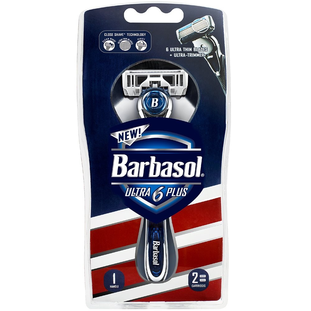 Barbasol Ultra 6 Plus Men's Razor with 2 Razor Blade Refills (1 Handle + 2 Cartridges), Mens Razors