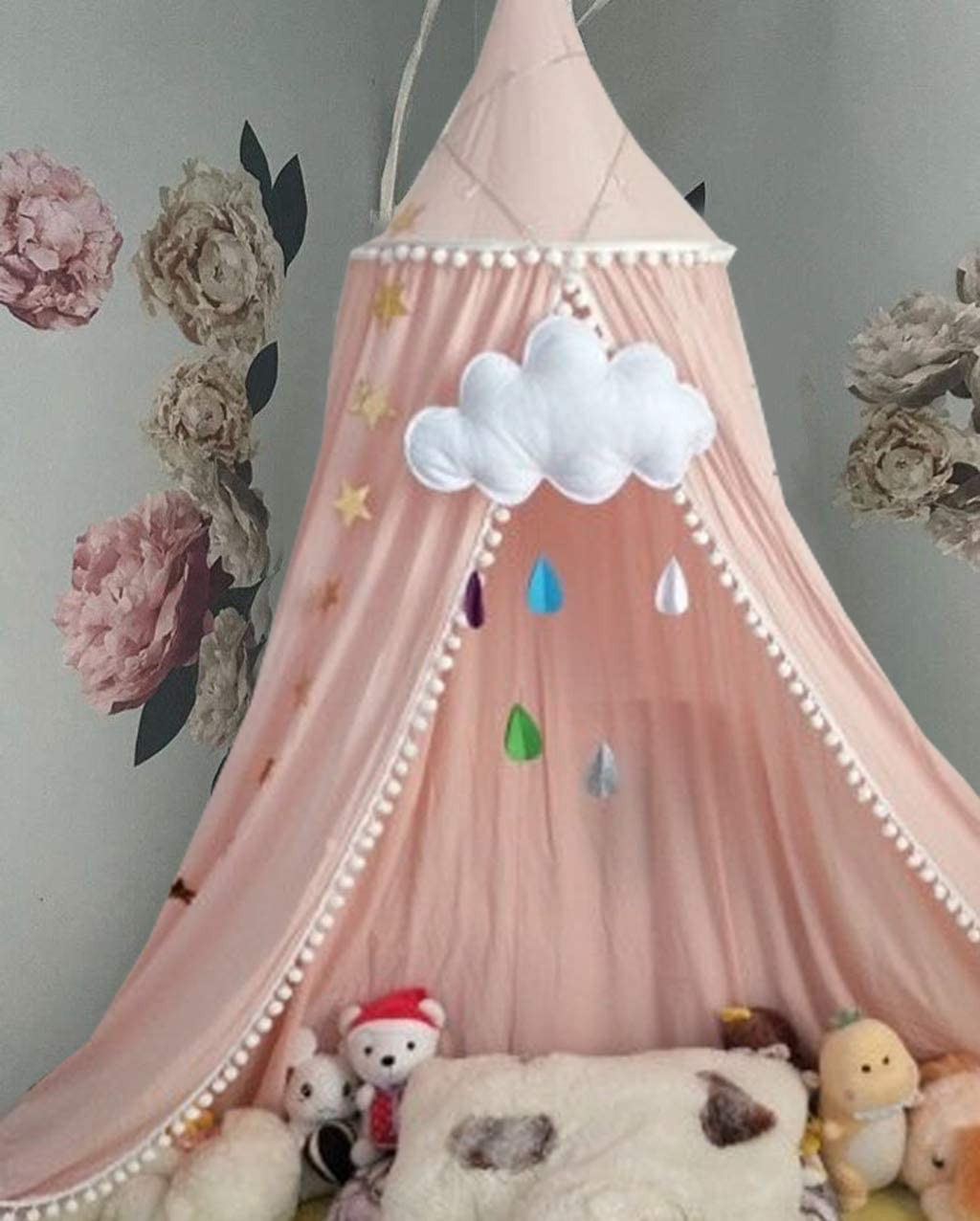 Bed Canopy for Girls Bed with Pom Pom, Cotton Dome Mosquito Net for Baby, Kids Indoor Outdoor Play