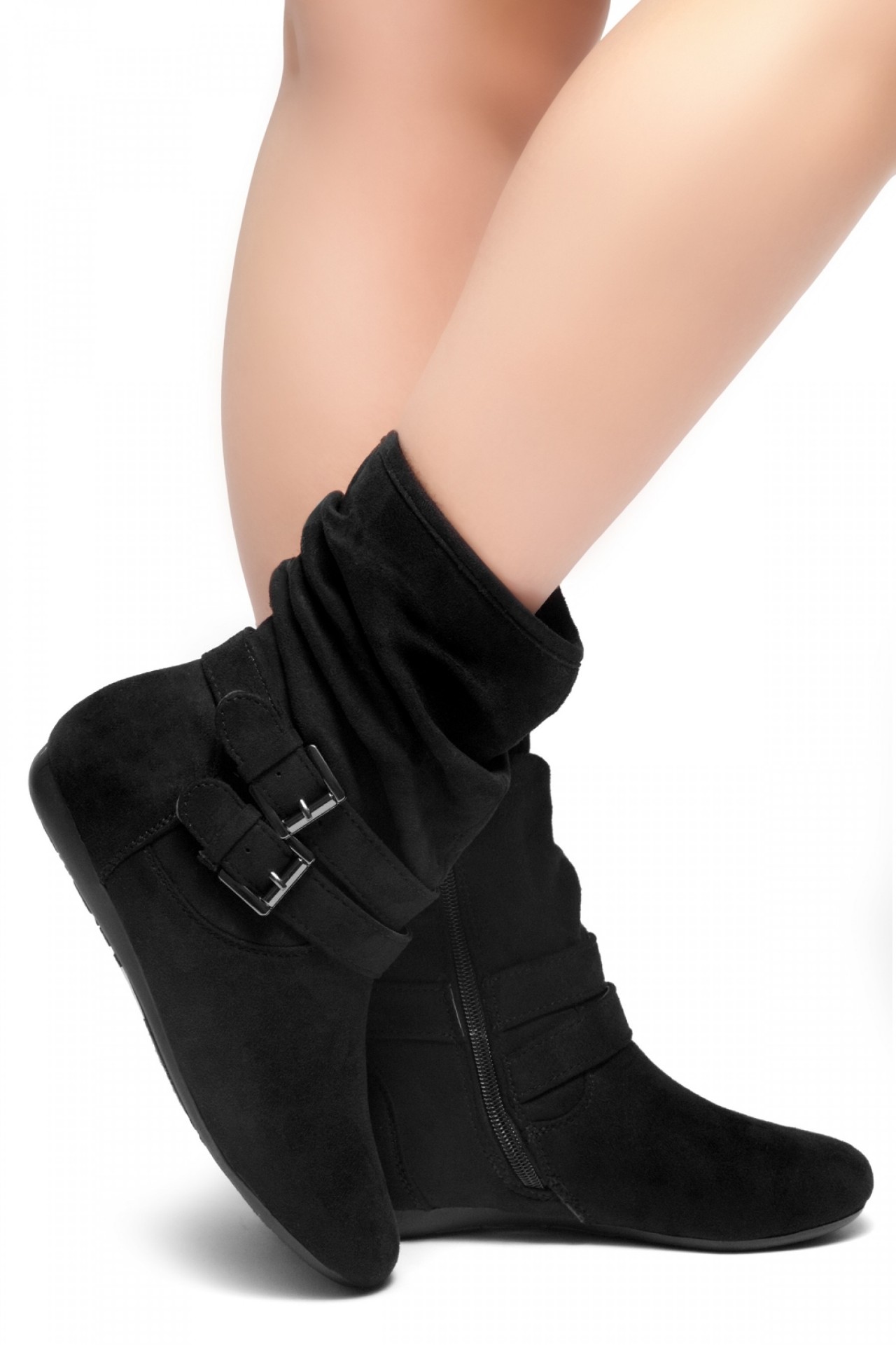 Black Lindell Women's Fashion Calf Flat Heel Side Zipper, double Buckle straps, Slouch Ankle