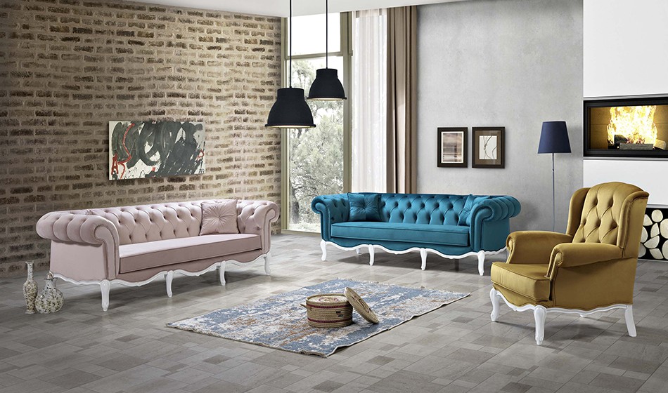 Blue Yellow White Chesterfield Sofa Set Luxury