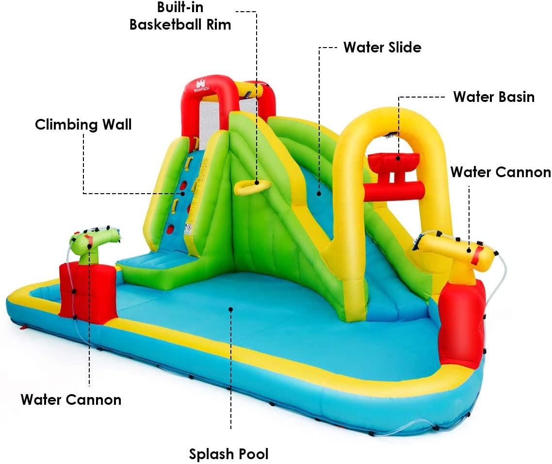 BOUNTECH Inflatable Bounce House, 7-in-1 Water Pool Slide w/ Climbing Wall, Water Cannons, Basketbal