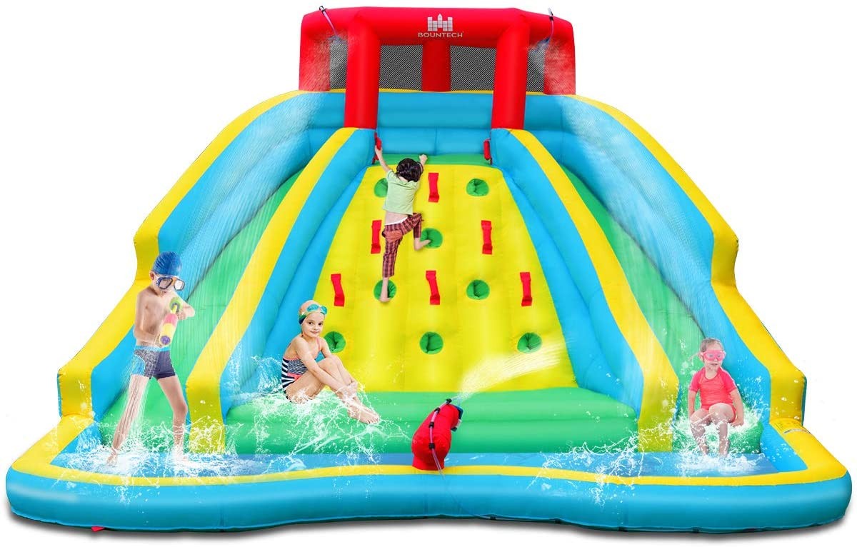 BOUNTECH Inflatable Water Slide, Double Side Park w/ Large Climbing Wall, Splashing Pool, Water Cann