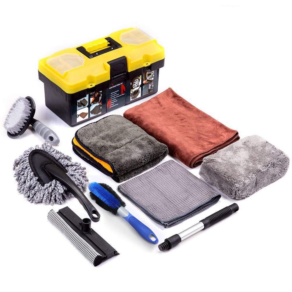 Car Cleaning Tools Kit with Blow Box Car Tire Brush Wash Mitt Sponge Wax Applicator Microfiber Cloth