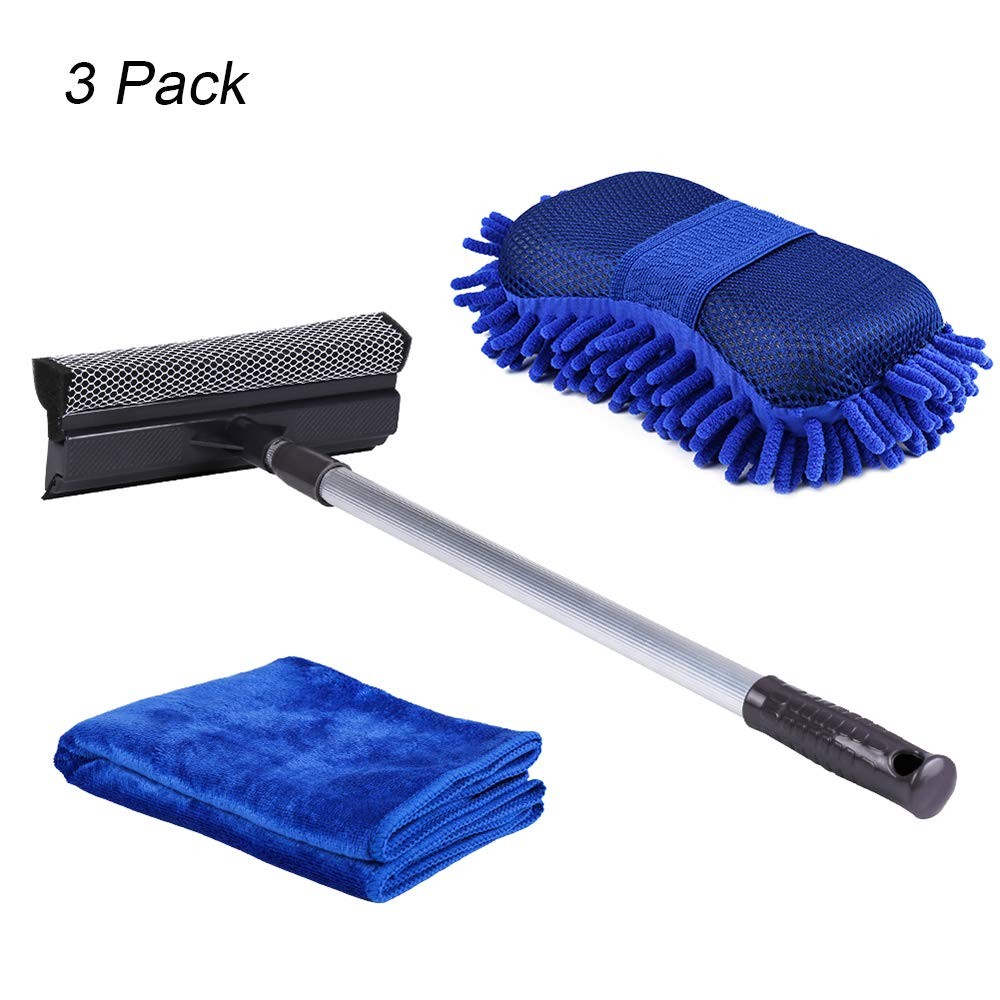 Car Wash Kit Cleaning Tool 2 in 1 Sponge Squeegee Wiper with Rubber Silicone Blade, 32.7inch Extensi