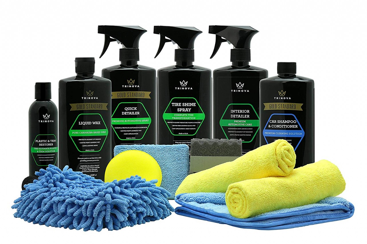 Car Wash Kit Complete Detailing Supplies for Cleaning. Soap, Wax, Tire Shine, Trim Restorer, Wash