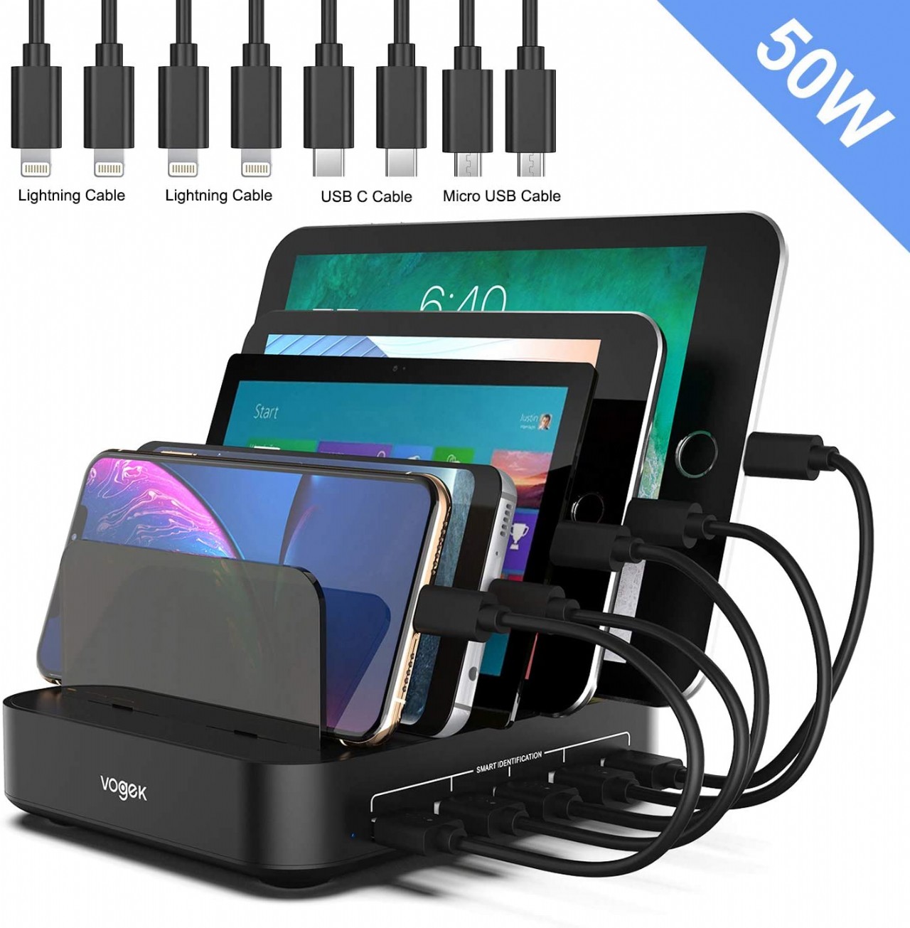 Charging Station, Vogek 5-Port 50W 10A USB Charging Station with 8 Short Mixed Cables for Cell Phone