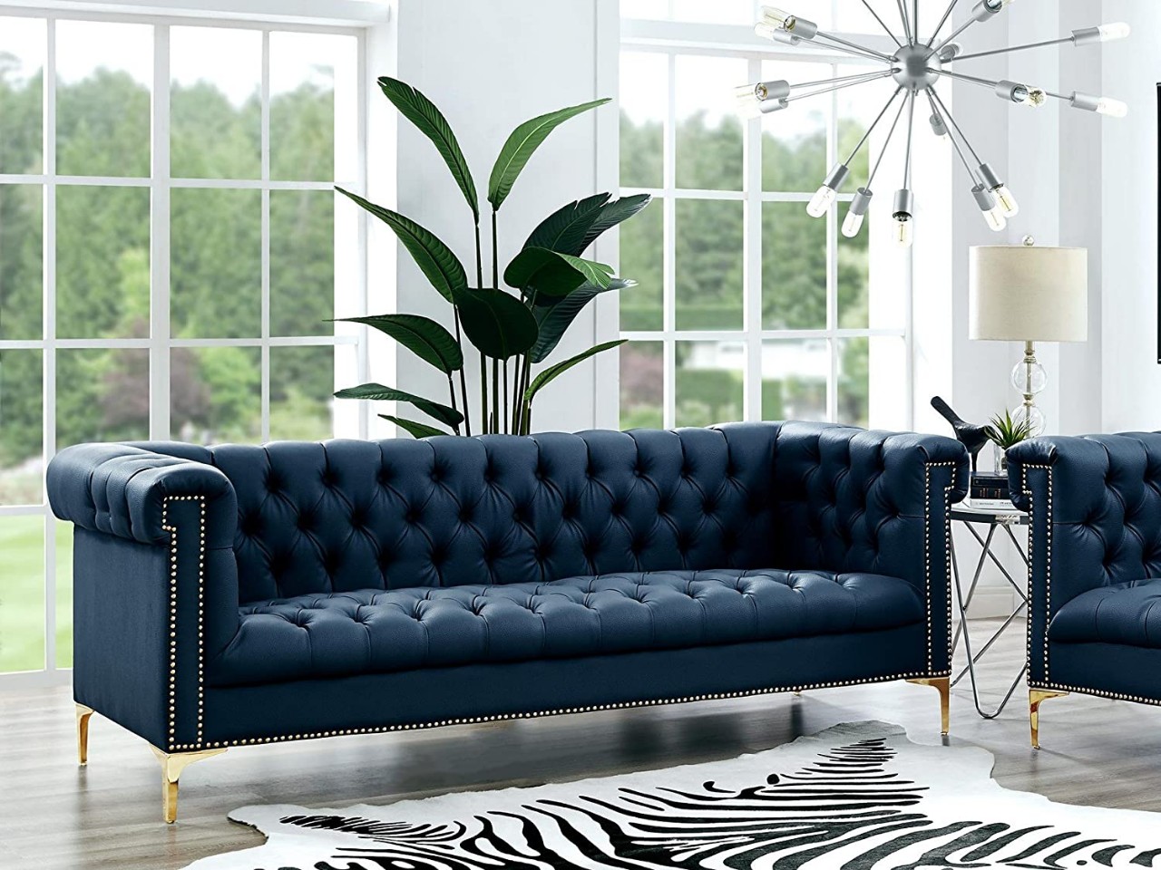 Chesterfield Leather Button Tufted Sofa with Gold Nailhead Trim and Y-leg, Navy