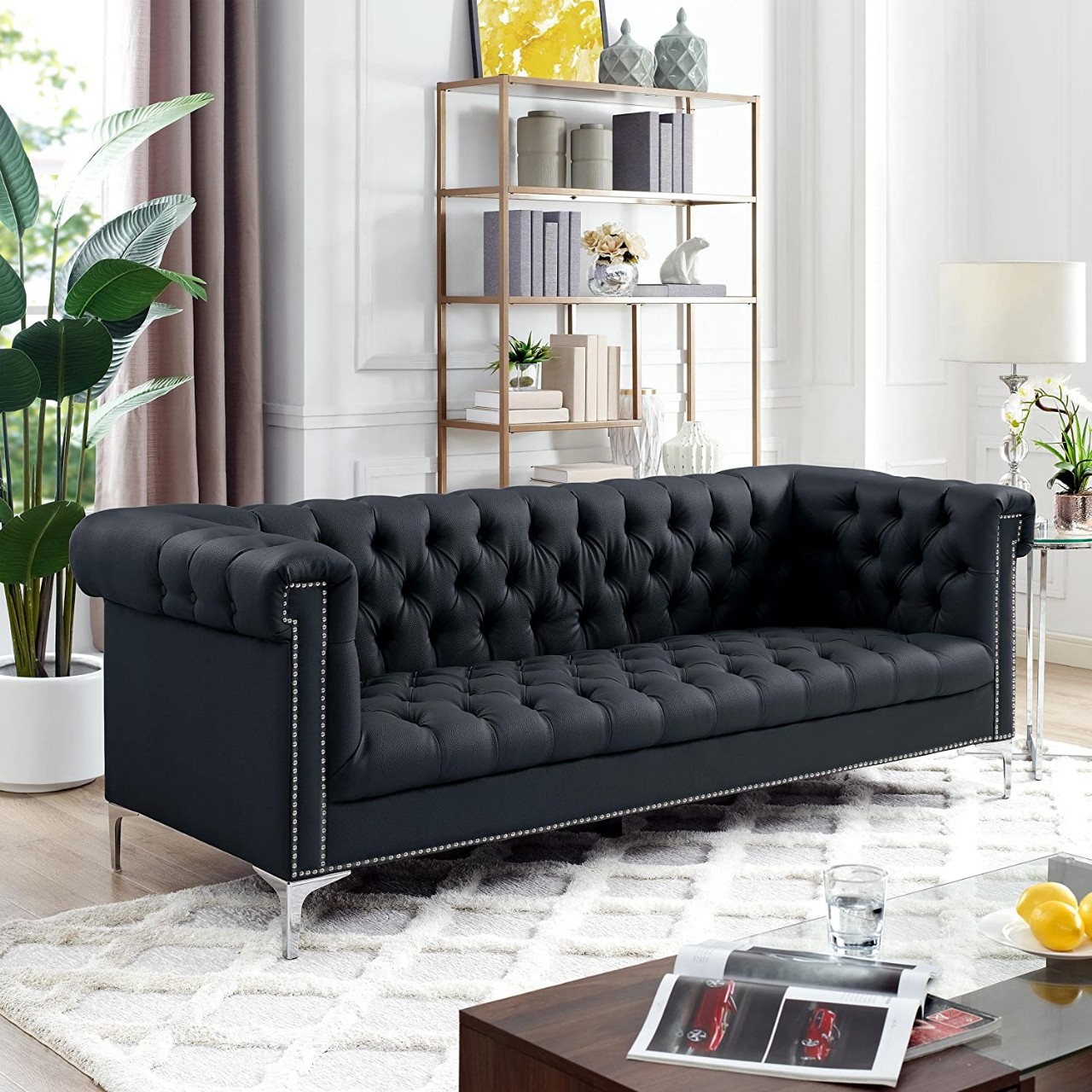Chesterfield Leather Button Tufted Sofa with Silver Nailhead Trim and Y-leg, Black