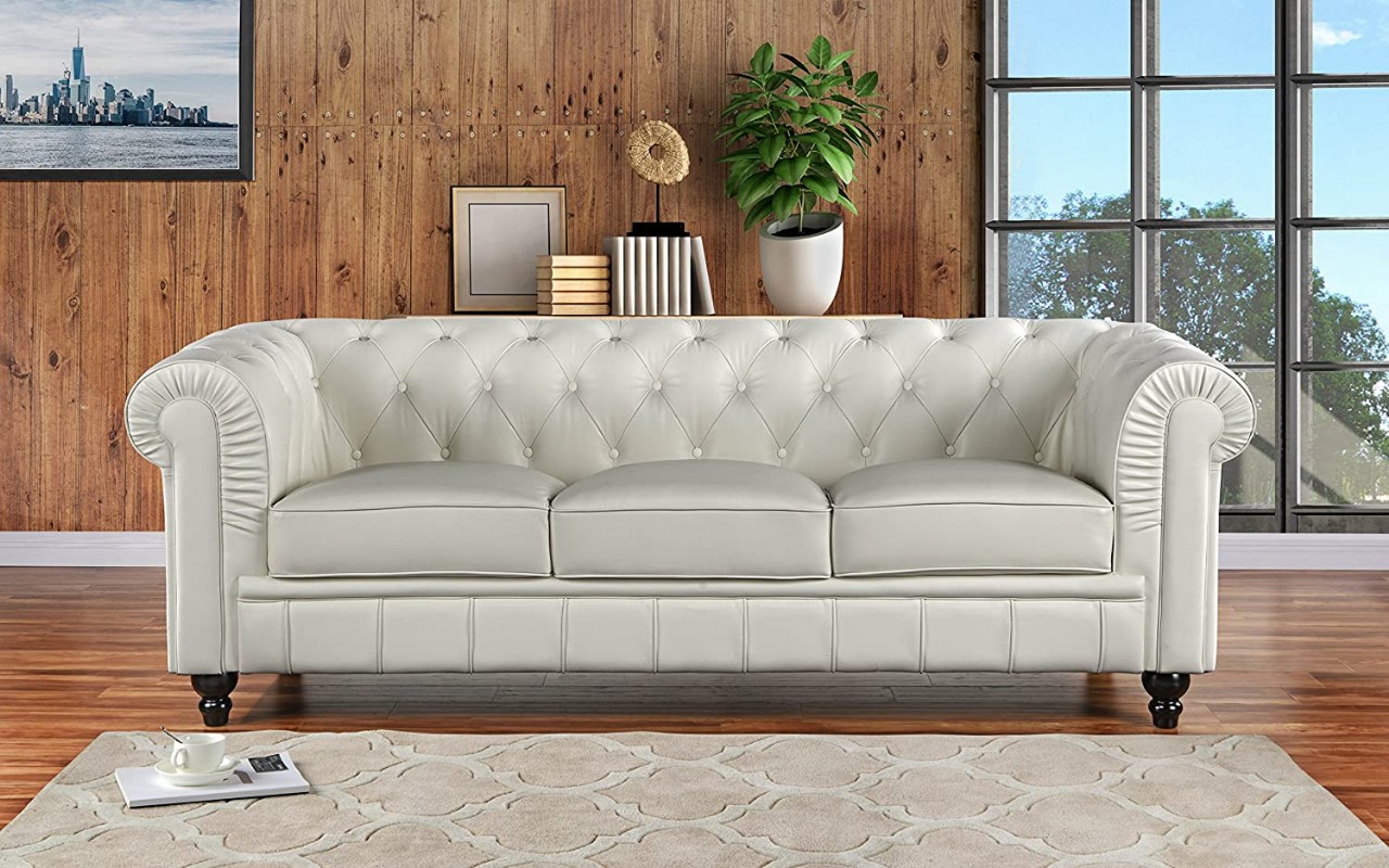 Chesterfield Leather Sofa Furniture Classic Sofas, Large, Off-white