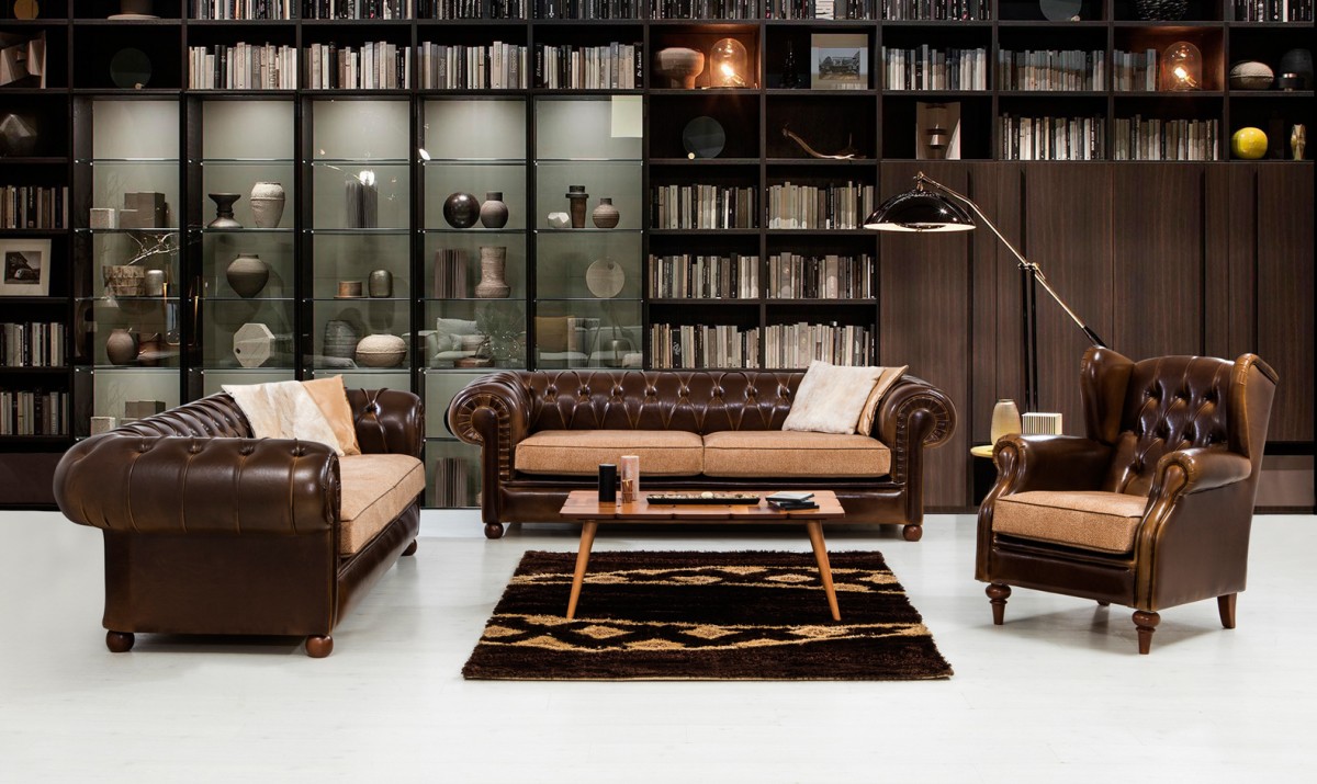 Chesterfield Sofa Set Modern Luxurious Leather Brown