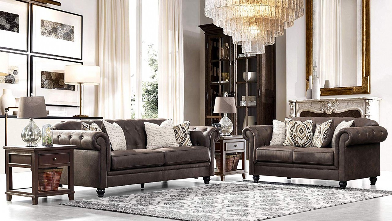 Classic Luxury Chesterfield Tufted Leathaire Leather Living Room Sofa, Couch, Walnut brown
