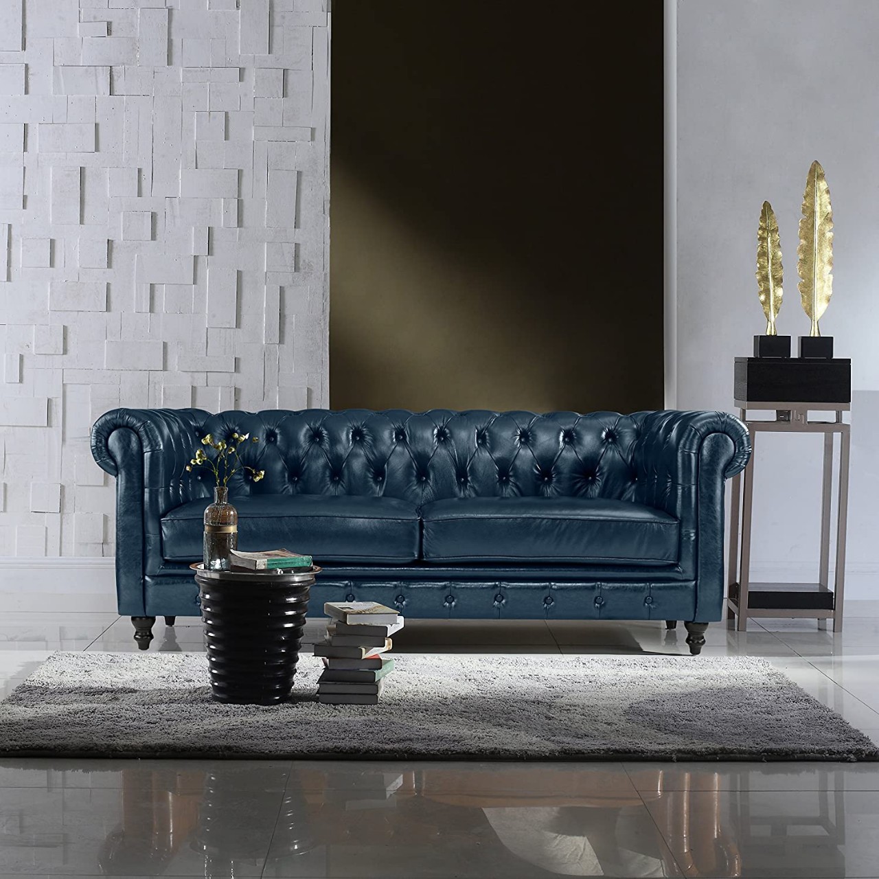 Classic Scroll Arm Real Italian Blue Leather Chesterfield Sofa