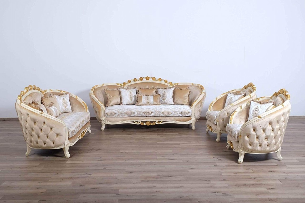 Classic Sofa Set Traditional European Furniture 3 Piece Valentine II Wood Trim Sofa Set