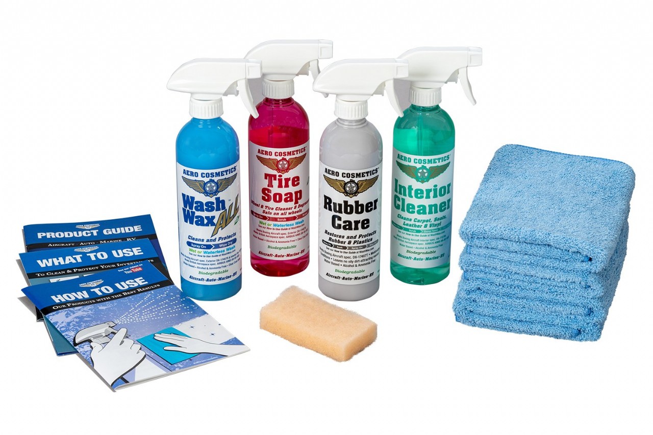 Cosmetics Complete Car Care Kit - Wash Wax All, Interior Cleaner, Tire Soap, Rubber Conditioner, Air