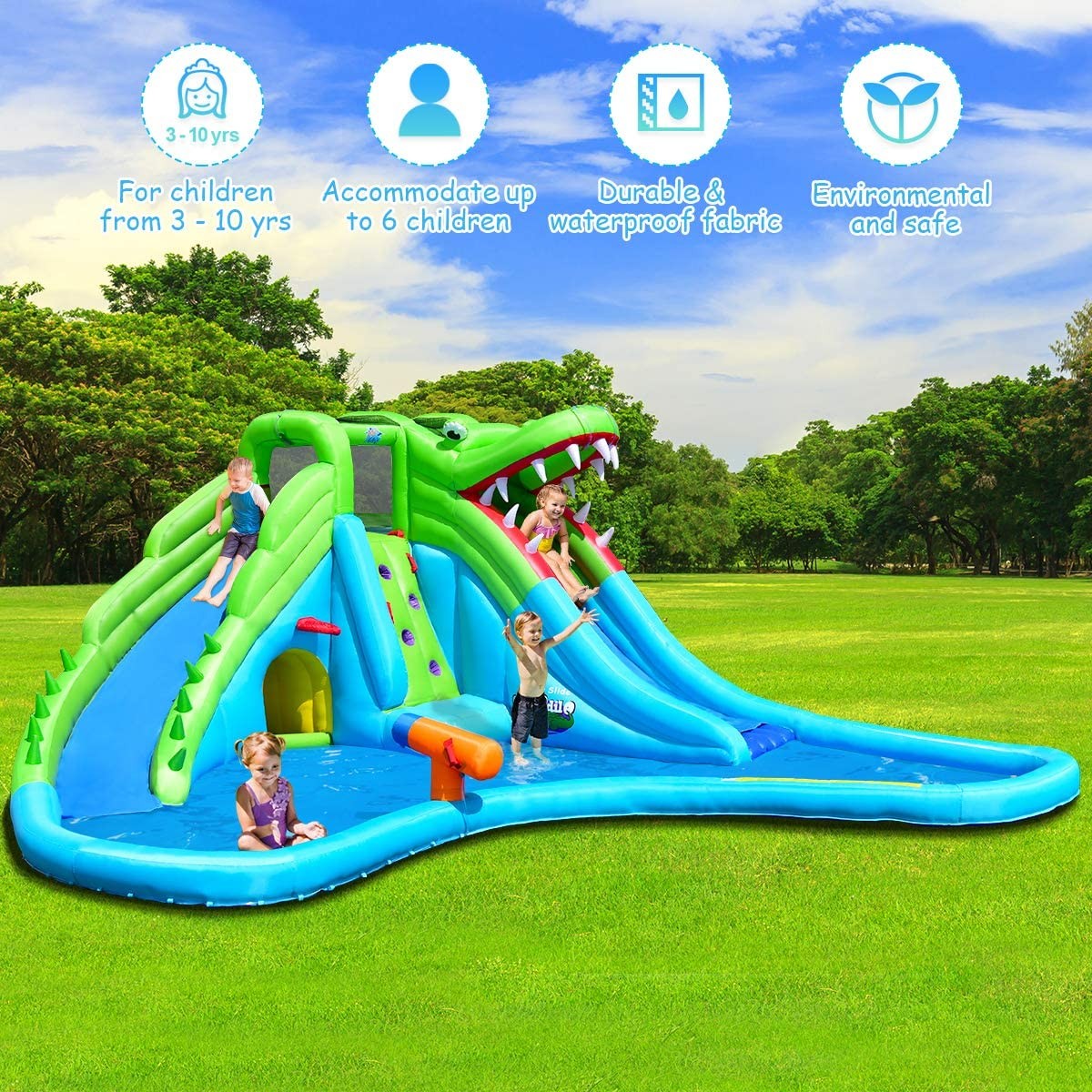 Costzon Inflatable Water Park, Giant 7 in 1 Crocodile Bounce House w/Two Water Slides, Climb Wall