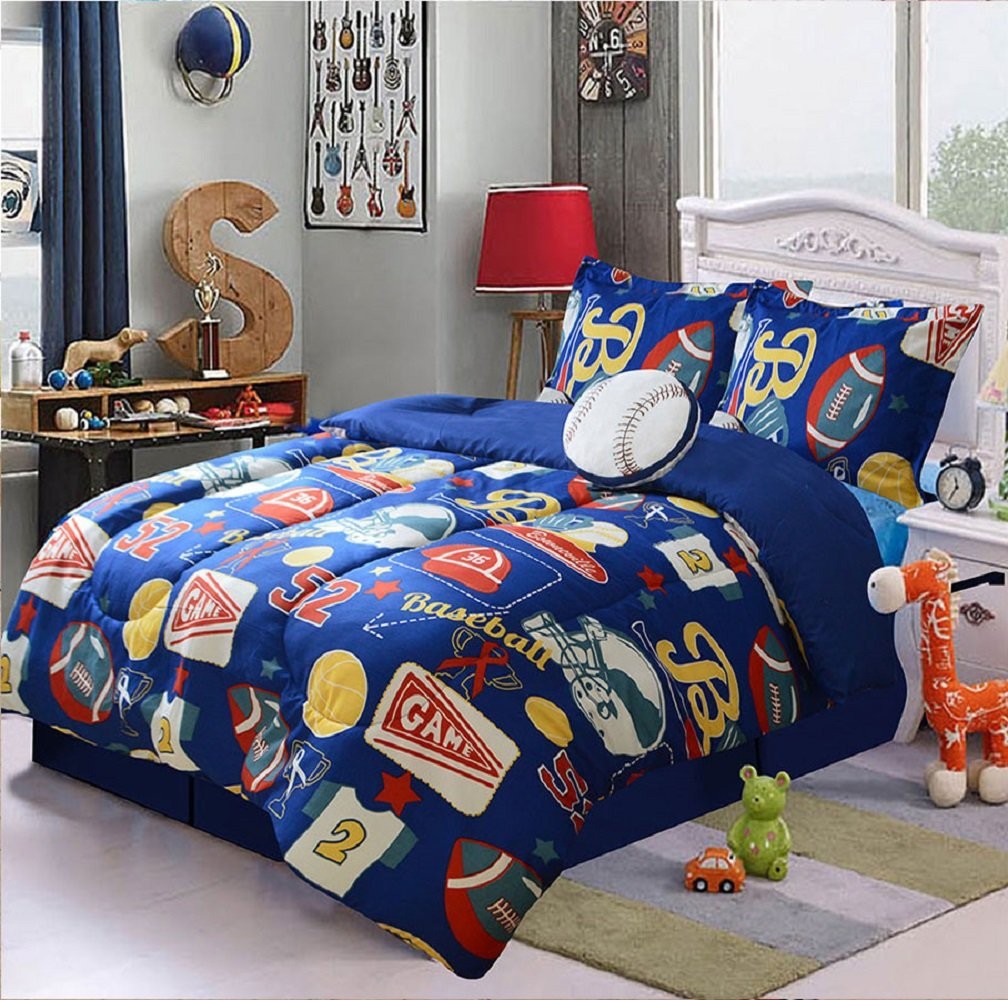 Dahdoul 5 Piece Baseball Sport Design Navy Kids Comforter Set Bedding Ensemble Full Size