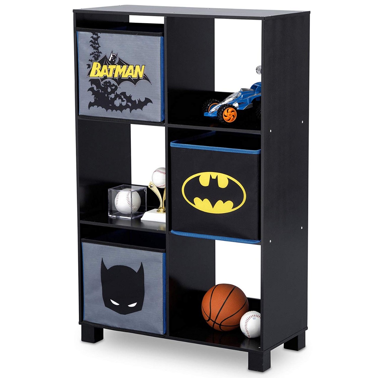 DC Comics BATMAN Kids Furniture 6 Cubby Deluxe Wood Toy Storage Organizer Unit with 3 Bonus Fabric