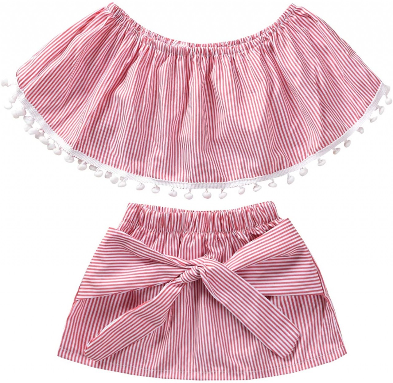 Dcohmch Toddler Girl Clothes, Baby Girls Cute Off Shoulder Top+Bowknot Skirt Little Girl Pink Stripe