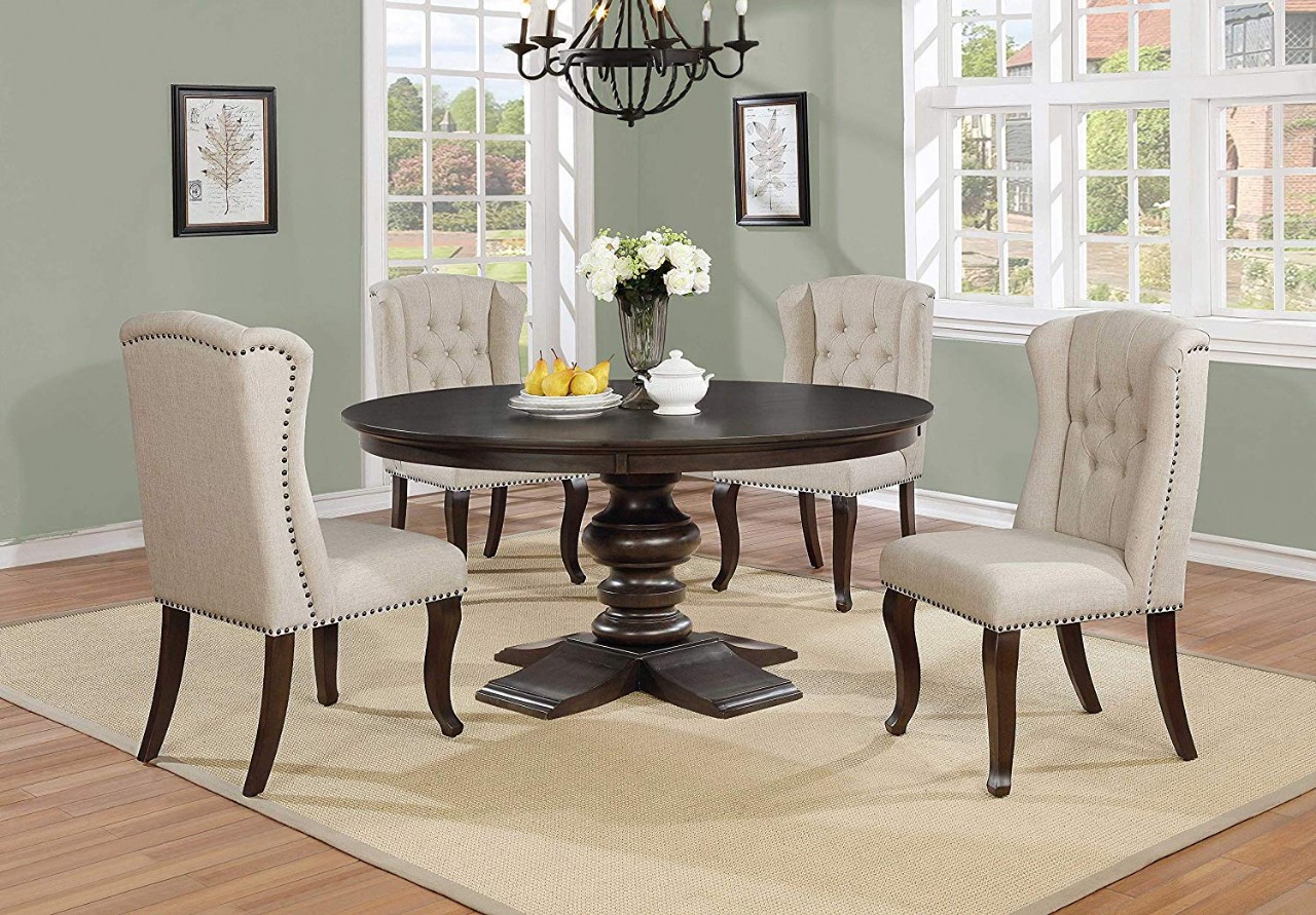 Dining Set 1 Table 4 Chairs Linen Look Beige Chairs Have Tufted Backs with Nailhead Trim