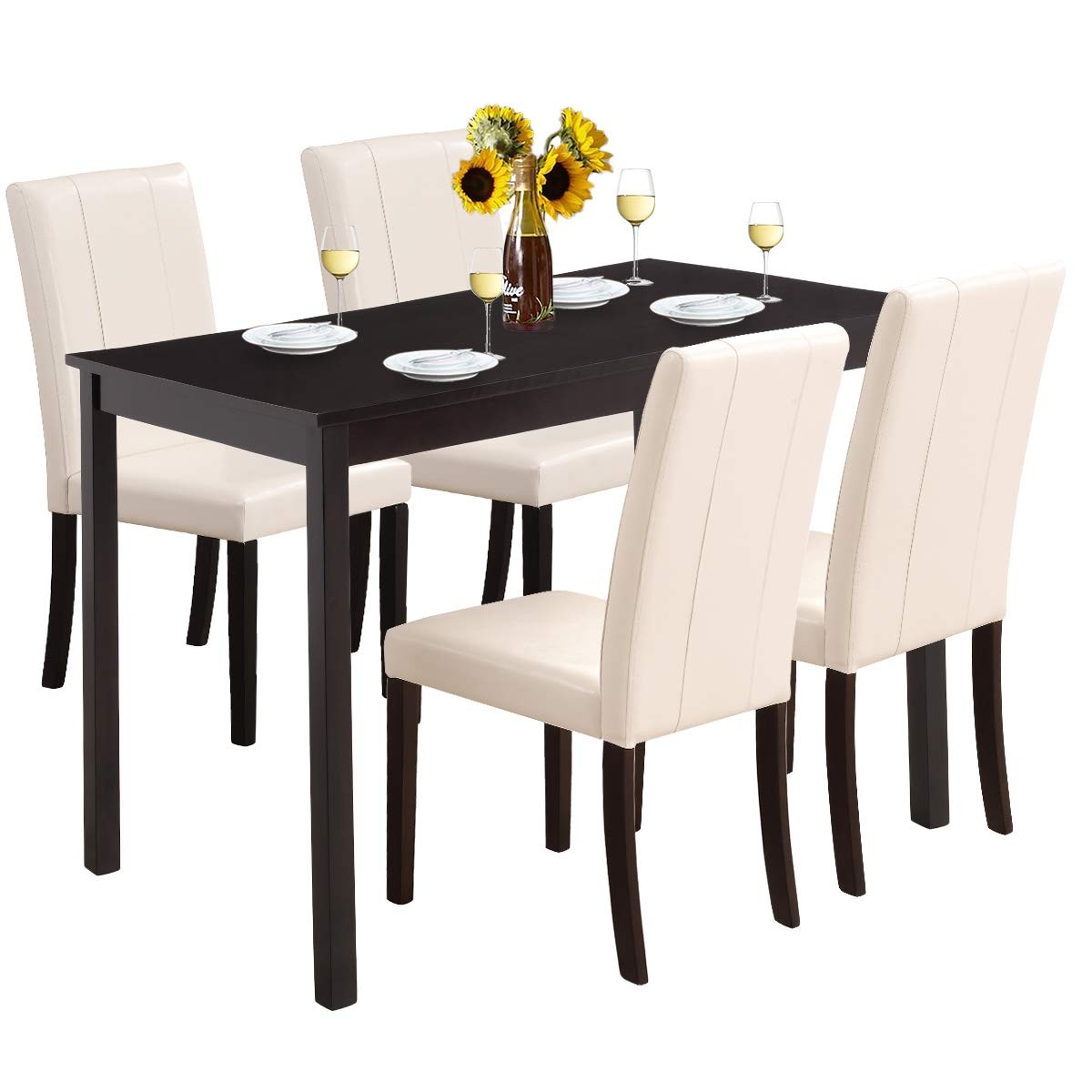 Dining Table Set for 4 Person Home Kitchen Table and 4 PU Leather Chairs Black Beige