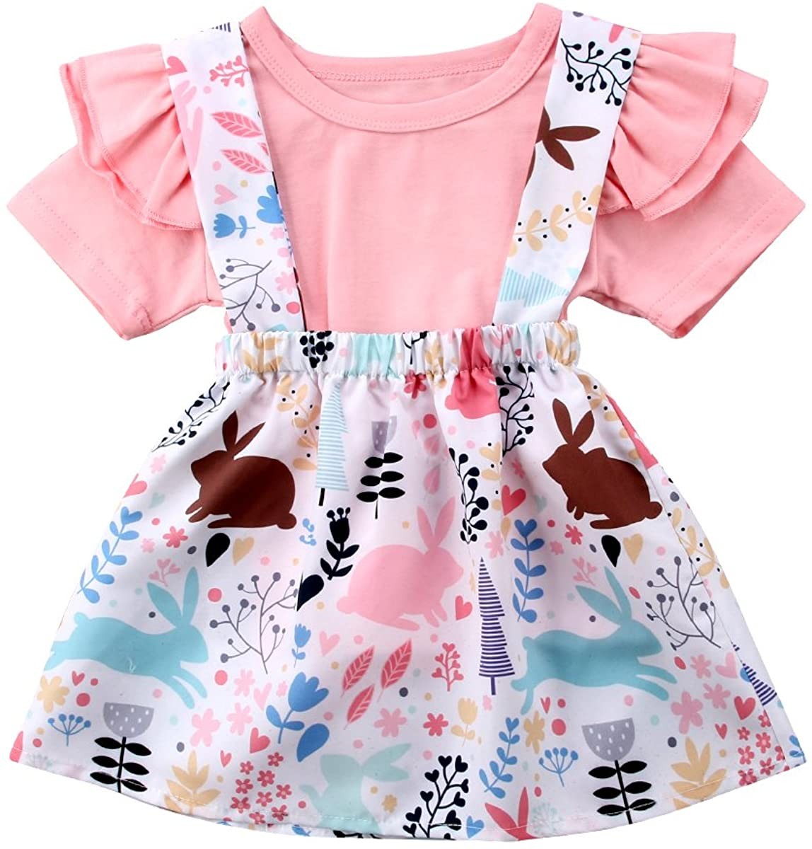 Easter Day-Toddler Baby Girls Clothes Set Ruffle Short Sleeve T-Shirt Tops+ Floral Overall Skirt